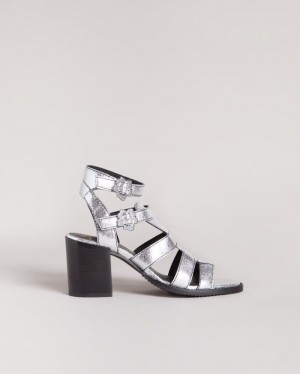 Silver Ted Baker Taylay Strappy Block Heeled Crinkled Leather Sandals Heels | VDEPTJG-12