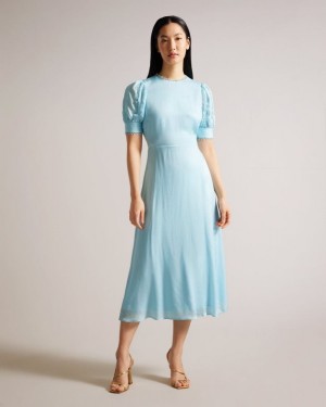 Sky Blue Ted Baker Azilea Puff Sleeve Midi Tea Dress Dresses | ZQJBPEY-92