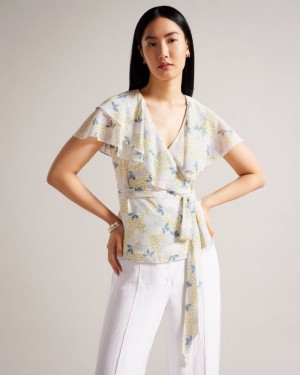 Sky Blue Ted Baker Gemmiaa Wrap Top With Ruffle Sleeves Tops & Blouses | ZRAPXNK-16