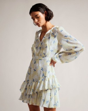 Sky Blue Ted Baker Suziiee Waisted Mini Dress With Asymmetric Ruffles Dresses | OJHRQFA-18