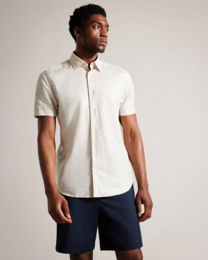 Stone Ted Baker Kingfrd Short Sleeve Linen Shirt Shirts | JLIXSMO-58