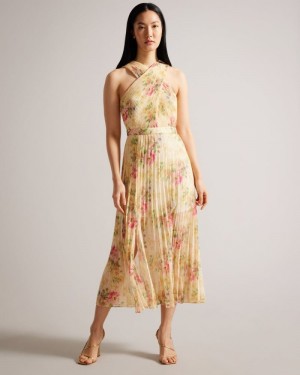 Tan Ted Baker Amerah Cross Front Pleated Midi Dress Dresses | ZLEFMBJ-68