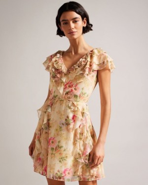 Tan Ted Baker Ammiah Frilled Floral V Neck Mini Dress Dresses | HRINQDU-05