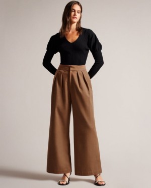 Tan Ted Baker Oaklia Pleated Wide Leg Trousers Trousers & Shorts | YQGMADF-15