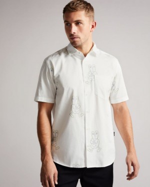 White Ted Baker Ardenn SS Reverse Printed Character Shirt Shirts | YASWJBX-78