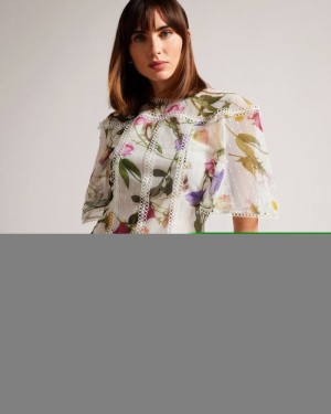 White Ted Baker Arelln Floral High Neck Top With Lace Details Tops & Blouses | RXTFZUK-05