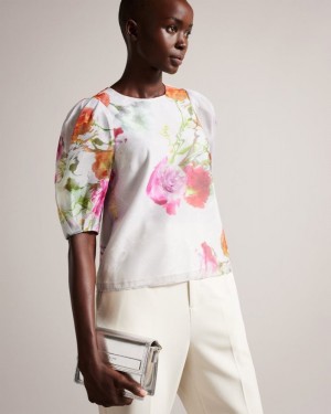 White Ted Baker Ayymee Boxy Cropped Top with Puff Sleeve Tops & Blouses | AIKCTFD-17