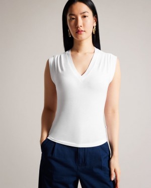 White Ted Baker Brielll Fitted V Neck Tops & Blouses | QMKYWOU-54