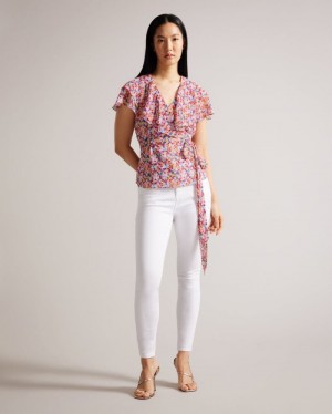 White Ted Baker Brrooke Wrap Top With Ruffled Neckline Tops & Blouses | TLQNVHO-78