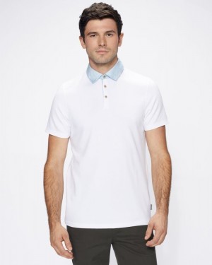 White Ted Baker Frend Short Sleeve Woven Collar Polo Tops | SJTMENC-79