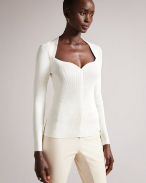 White Ted Baker Helenh Sweetheart Neckline Knitted Top Jumpers & Cardigans | OKNXWRQ-23