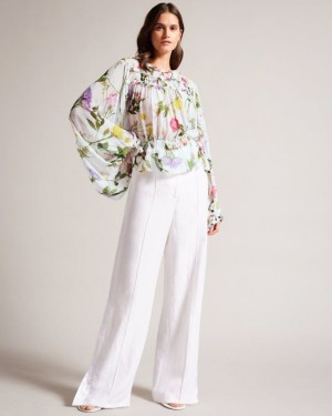 White Ted Baker Hewette Printed Blouse With Functional Waist Tie Tops & Blouses | NKLAQTZ-12