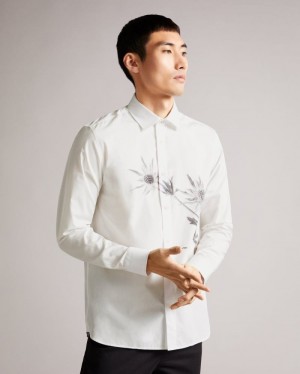 White Ted Baker Ilford LS Thistle Placement Print Shirt Shirts | YNVMTKL-76