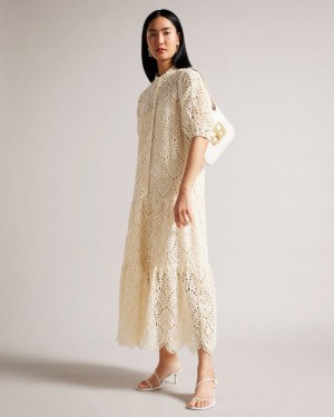 White Ted Baker Lezzley Oversized Lace Shirt Dress With Puff Sleeve Dresses | QOSUEPH-68