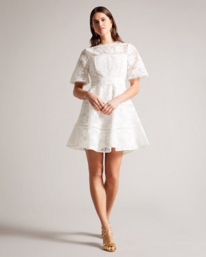 White Ted Baker Lydiiha Mini Fit And Flare Lace Dress Dresses | RIVENWD-21