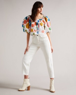 White Ted Baker Nelda Puff Sleeve Cropped Top Tops & Blouses | OKQGVID-31
