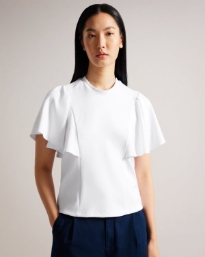 White Ted Baker Nikilaa Boxy Ruffle Sleeve T-Shirt Tops & Blouses | PYAZIJB-42