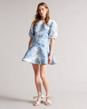 White Ted Baker Phelina Puff Sleeve Jacquard Mini Dress Dresses | FJAZGVL-03