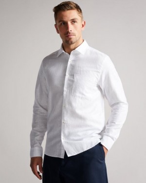 White Ted Baker Remark Long Sleeve Linen Shirt Shirts | ZRHFCOE-31