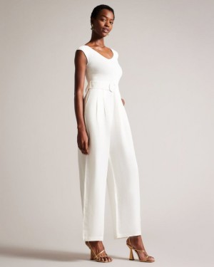 White Ted Baker Tabbiaa Knitted Bodice Wide Leg Jumpsuit Trousers & Shorts | ZEDGQKH-12