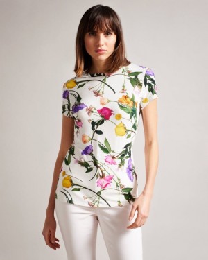 White Ted Baker Vikina Fitted T-Shirt with Twist Neck Tops & Blouses | AHLNFDE-64