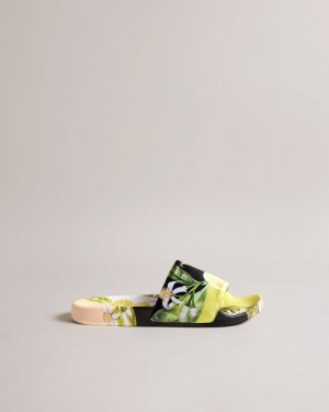 Yellow Ted Baker Azzin Lemon Print Satin Slider Sandals & Sliders | XOFEVWZ-37