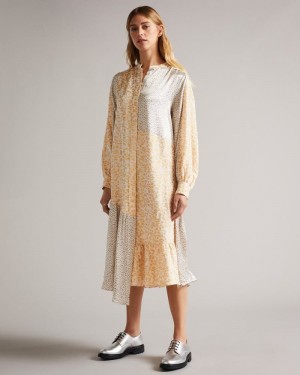 Yellow Ted Baker Delanyy MIB Patchwork animal print shirt dress Dresses | KVSAEYX-84