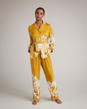Yellow Ted Baker Haleih Belted Feather Print Pyjama Set Lingerie & Pyjamas | QCXABIL-53