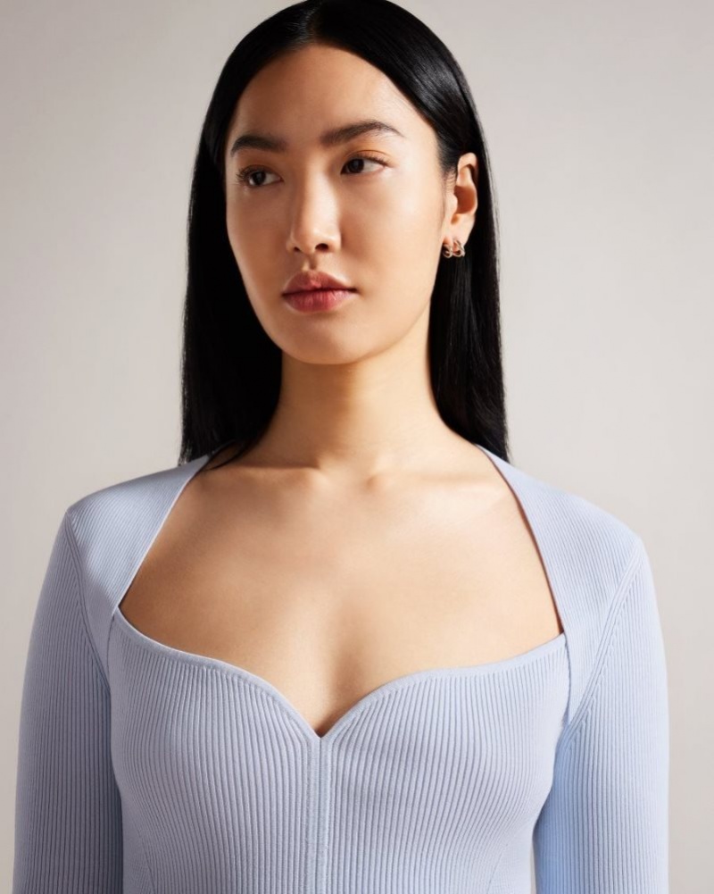 Baby Blue Ted Baker Helenh Sweetheart Neckline Knitted Top Jumpers & Cardigans | UHNXWSY-59