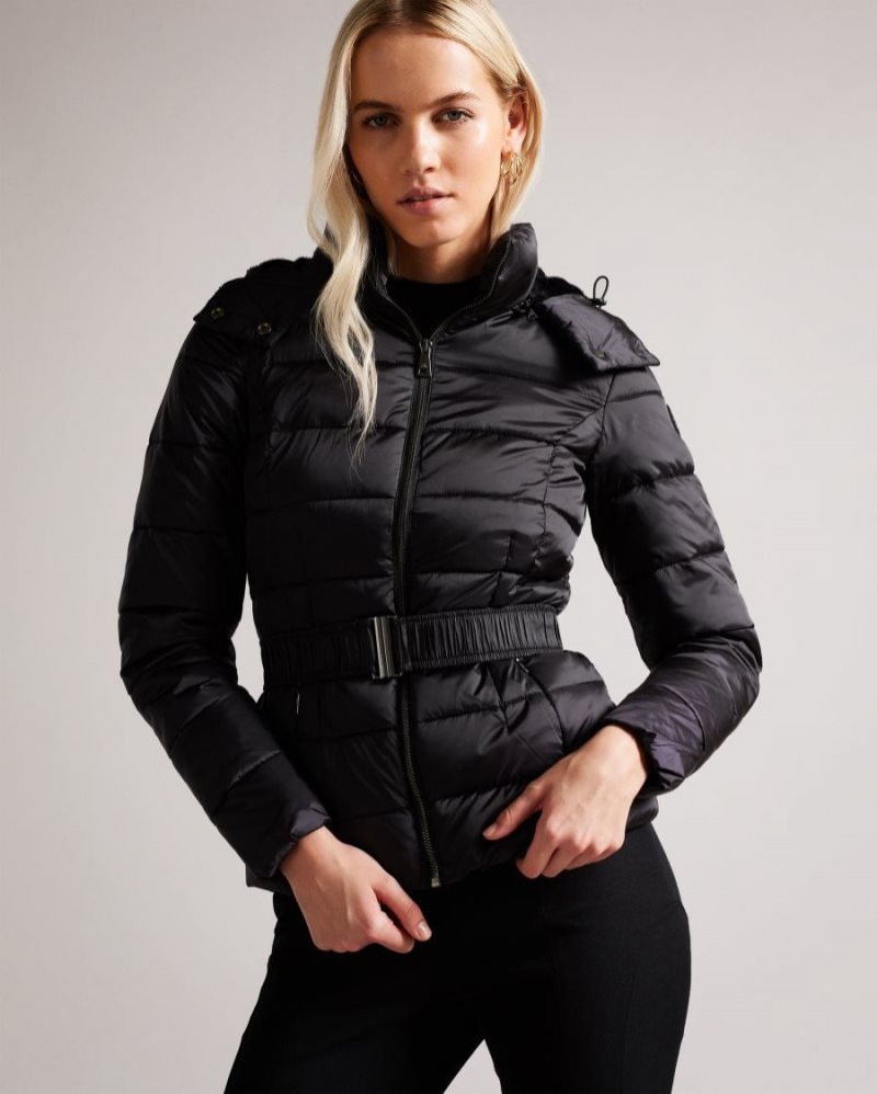 Black Ted Baker Abbiiee Belted Padded Coat With Detachable Hood Coats & Jackets | FIZXQMO-93