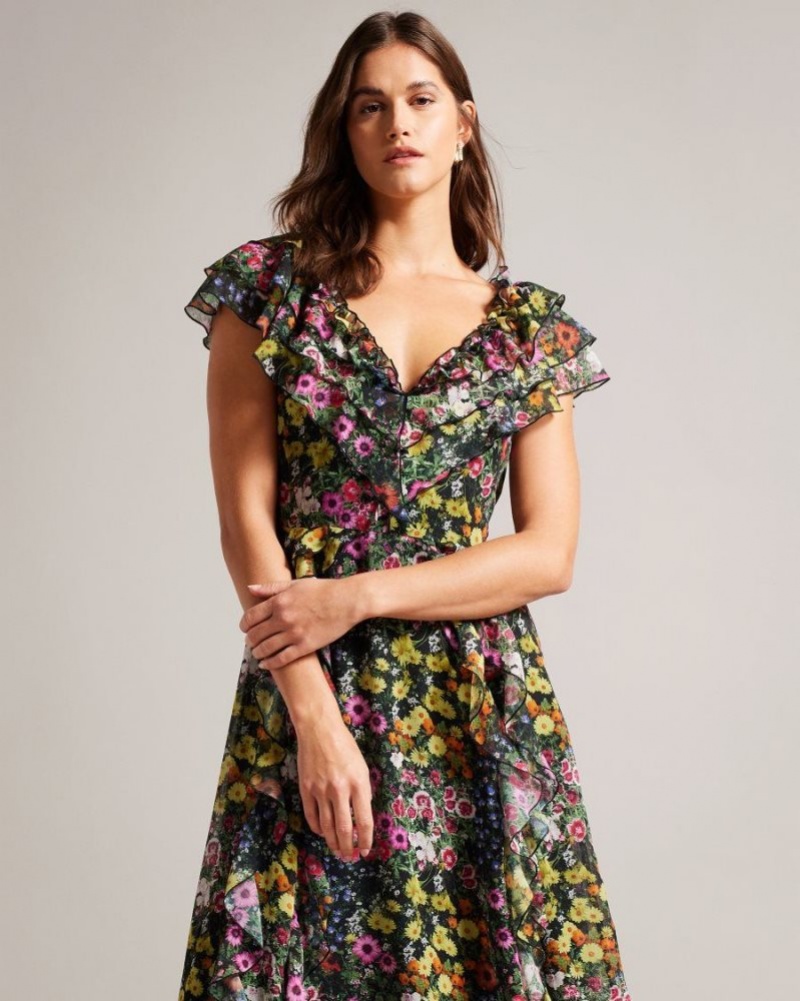 Black Ted Baker Adiie Floral Waterfall Ruffle Maxi Dress Dresses | YJIKGZS-86