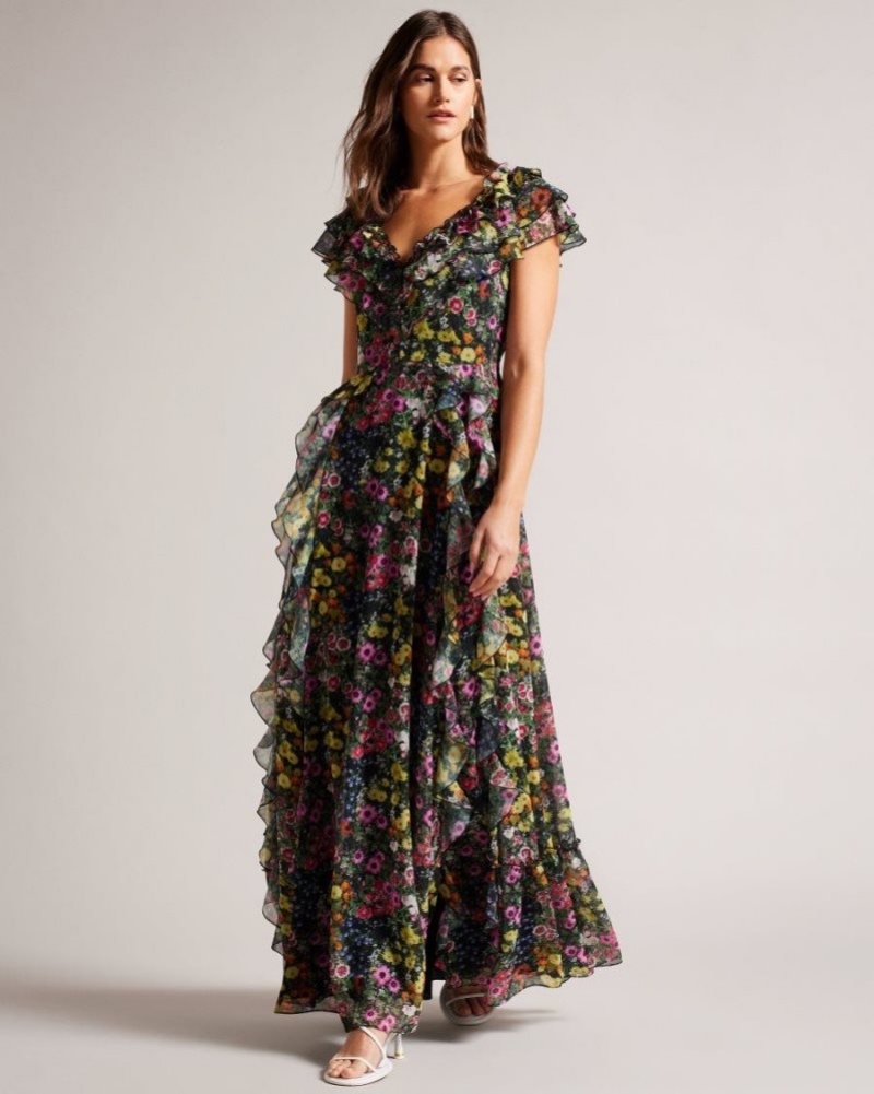 Black Ted Baker Adiie Floral Waterfall Ruffle Maxi Dress Dresses | YJIKGZS-86