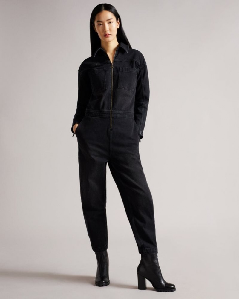 Black Ted Baker Aleyah Denim Zip Front Jumpsuit Trousers & Shorts | EYDWRUK-76