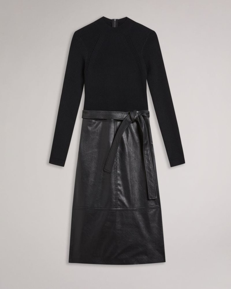 Black Ted Baker Alltaa Knitted Bodice Dress With Pleather Skirt Dresses | JAVSHYI-98