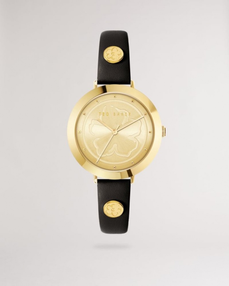 Black Ted Baker Amieyy Magnolia Detail Leather Watch Watches | XPJKEOC-75