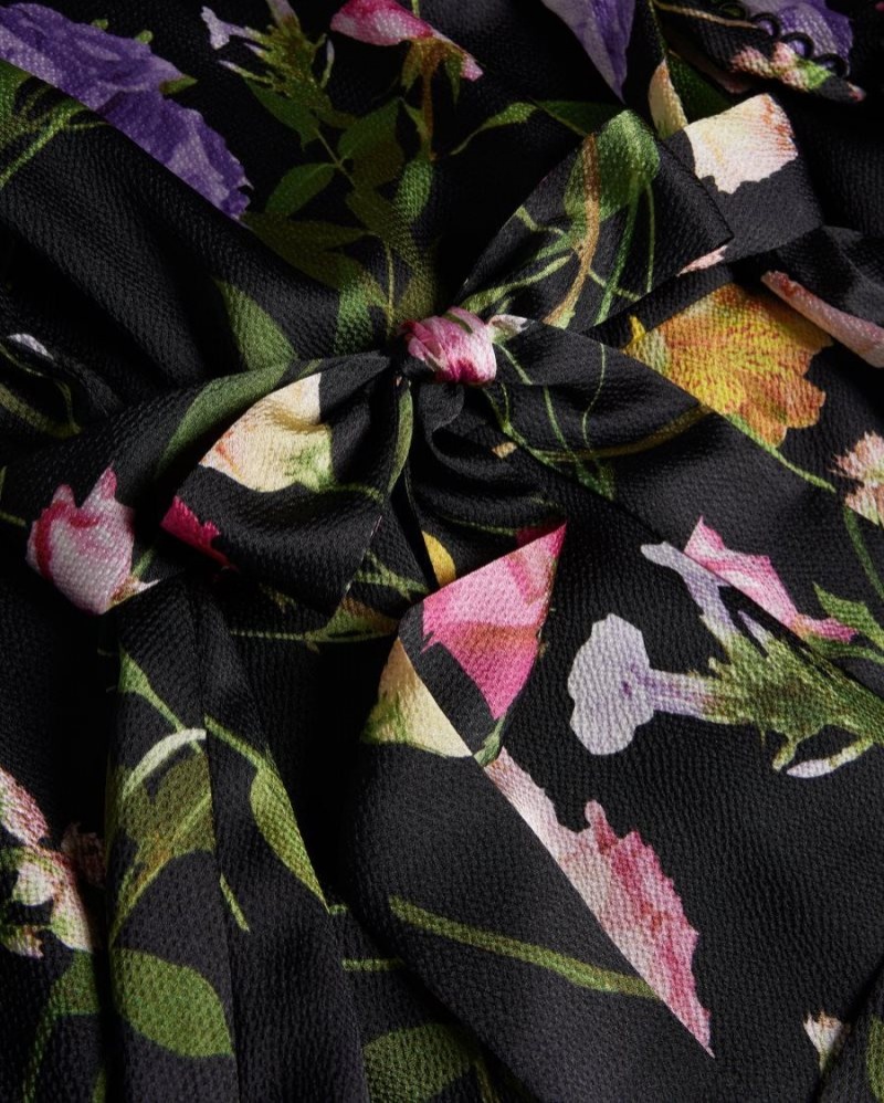 Black Ted Baker Arianya Blouson Sleeve Floral Midi Dress Dresses | RBDNJIY-78