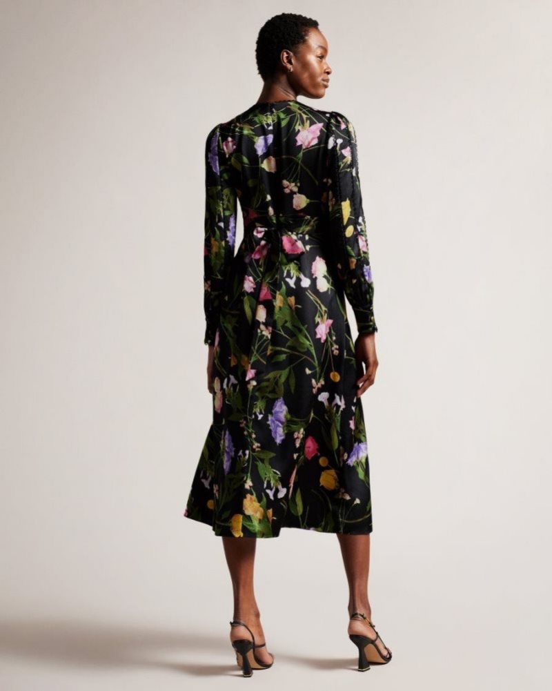 Black Ted Baker Arianya Blouson Sleeve Floral Midi Dress Dresses | RBDNJIY-78