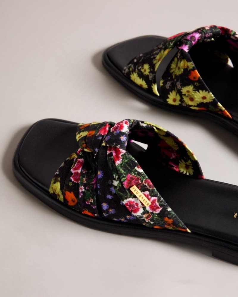 Black Ted Baker Ashni Floral Soft Knot Sandals Sandals & Sliders | KBUIPVW-45