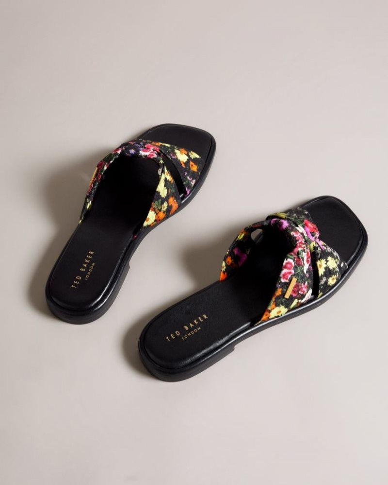 Black Ted Baker Ashni Floral Soft Knot Sandals Sandals & Sliders | KBUIPVW-45
