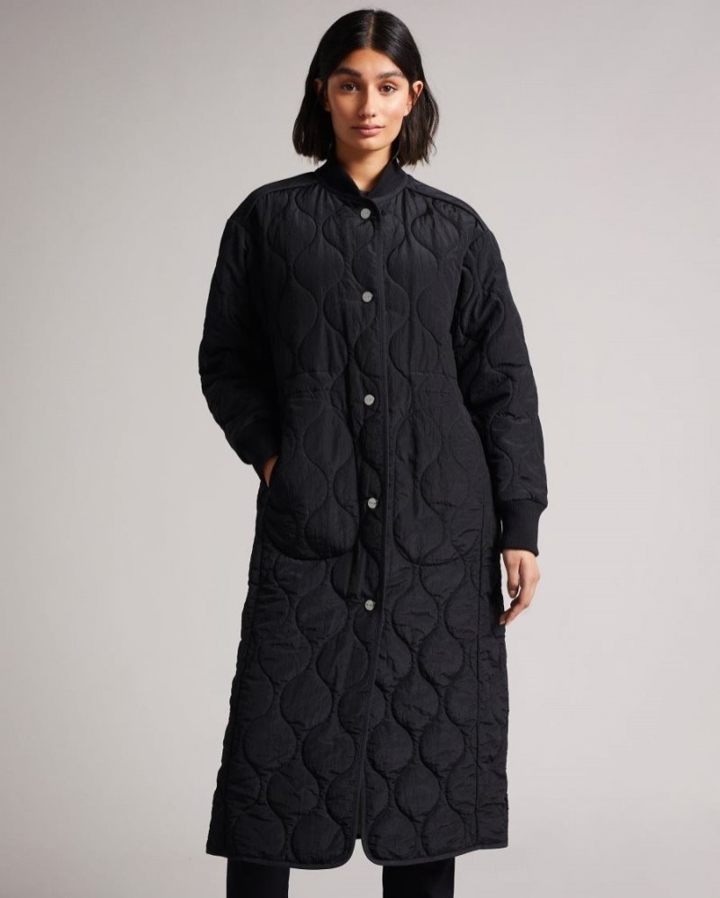 Black Ted Baker Avverii Long Quilted Coat Coats & Jackets | EUOIDNM-57
