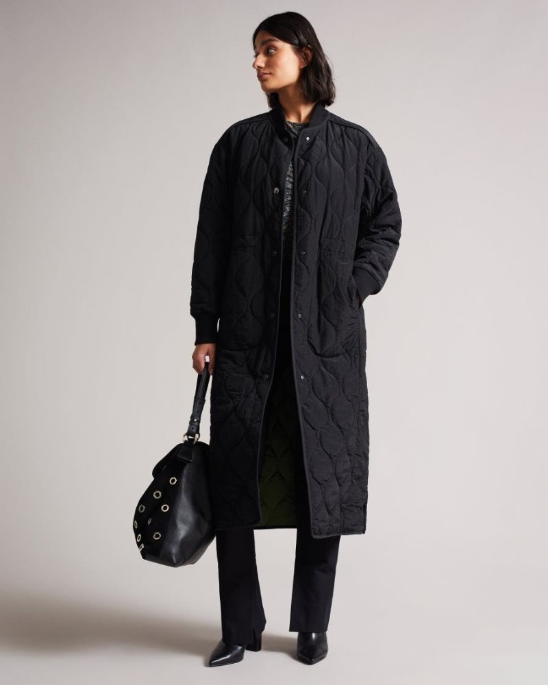 Black Ted Baker Avverii Long Quilted Coat Coats & Jackets | EUOIDNM-57