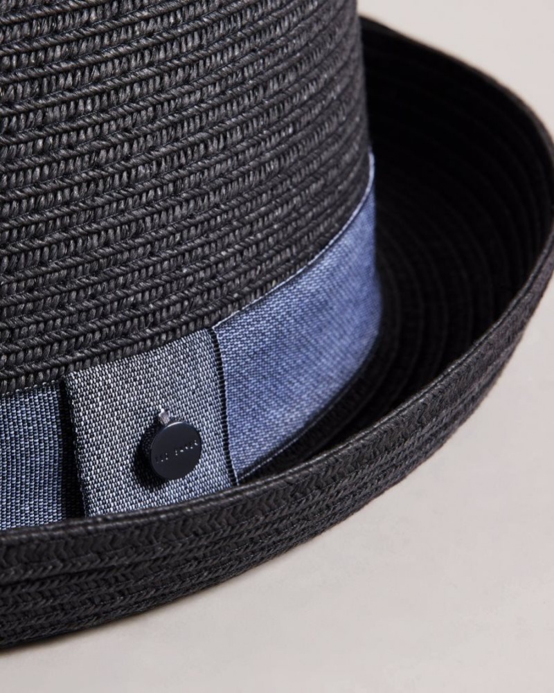 Black Ted Baker Axelly Straw Pork Pie Hat Hats & Caps | SLFEWQJ-13