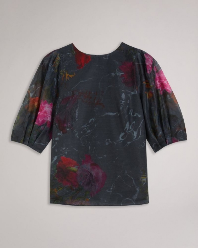 Black Ted Baker Ayymee Boxy Cropped Top with Puff Sleeve Tops & Blouses | QVYUEKG-09