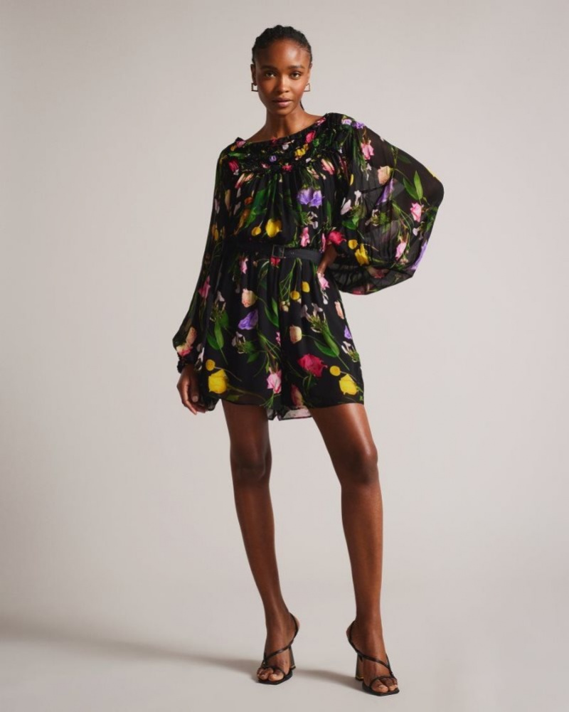 Black Ted Baker Brookii Ruffle Playsuit with Blouson Sleeves Dresses | OCLUVKH-25