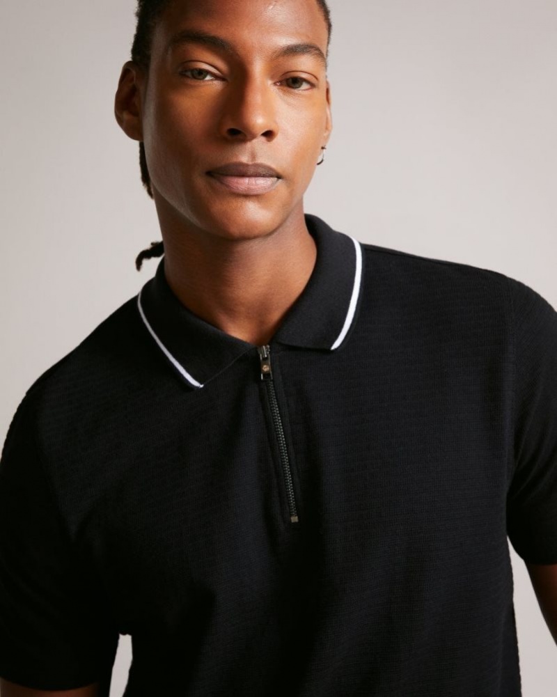 Black Ted Baker Buer Short Sleeve Textured Zip Polo Shirt Polo Shirts | MQVWHJE-60