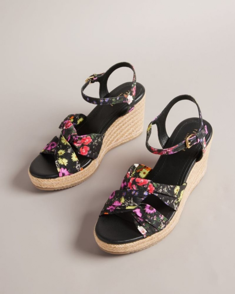 Black Ted Baker Cardima Floral Soft Knot Wedges Heels | NWQUMEO-76