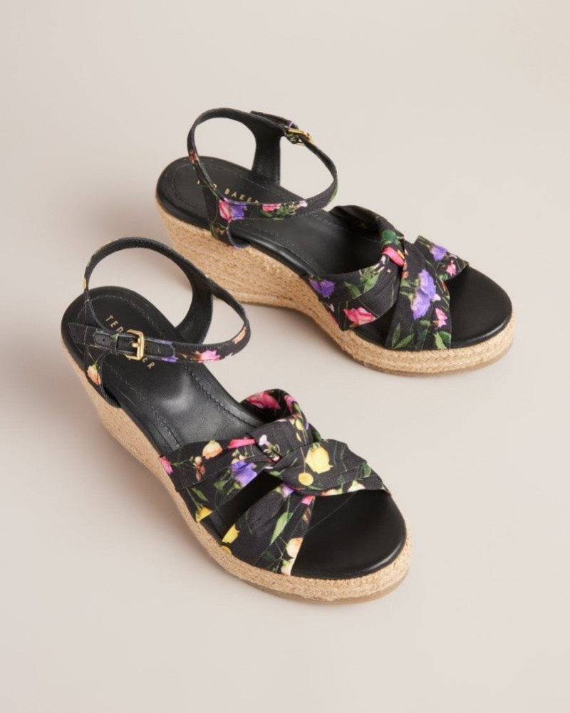 Black Ted Baker Cardone Floral Espadrille Platform Sandals Heels | TPGURZS-42