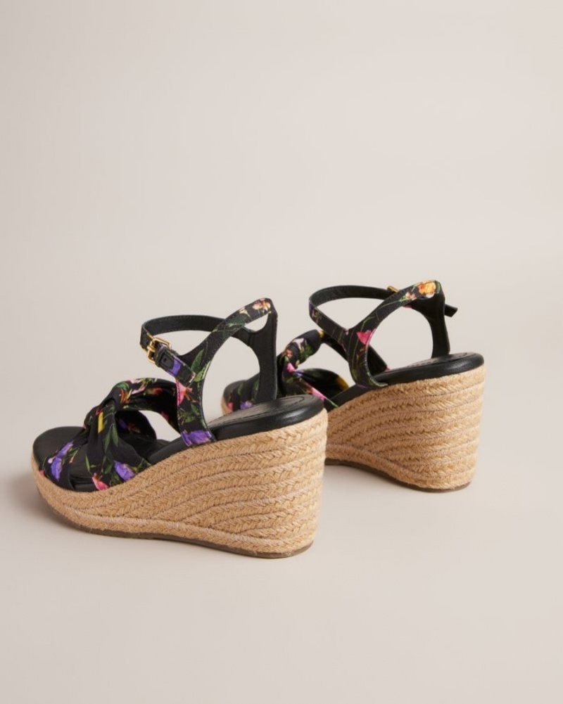 Black Ted Baker Cardone Floral Espadrille Platform Sandals Heels | TPGURZS-42