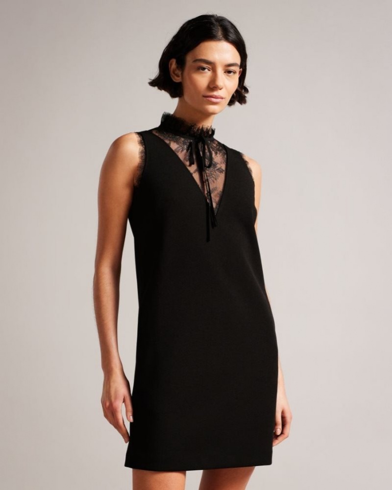 Black Ted Baker Chharis Shirt Dress With Lace Panels Dresses | SWPDLHM-93