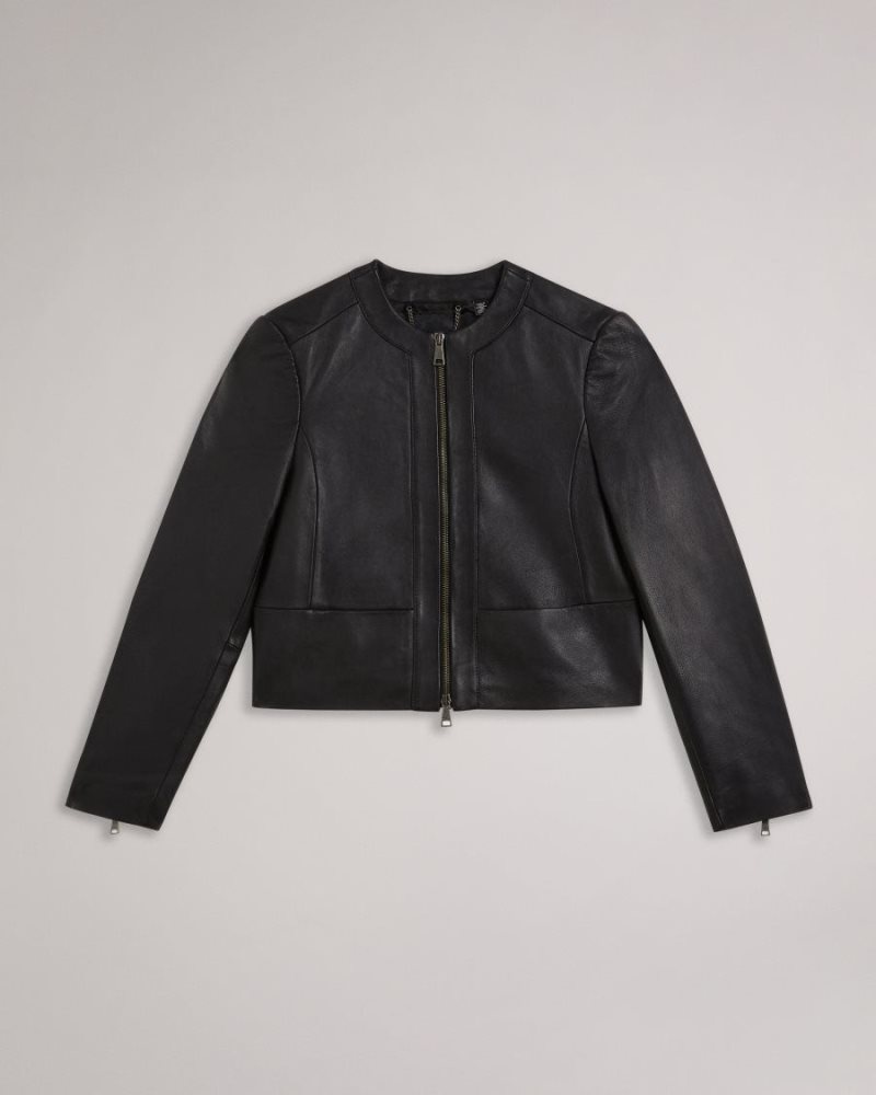 Black Ted Baker Clarya Fitted Panelled Leather Jacket Coats & Jackets | ORWPMHE-70